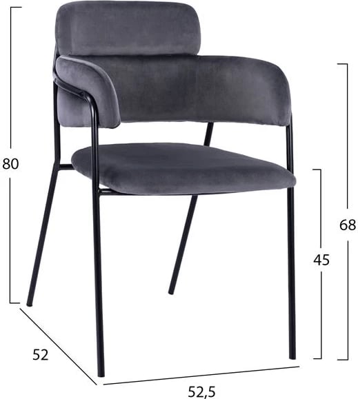 Fotelje Kelso FH8521.01 Kadife Gri e Errët & Këmbë të Zeza 52,5x52x80 cm, set prej 2 copash