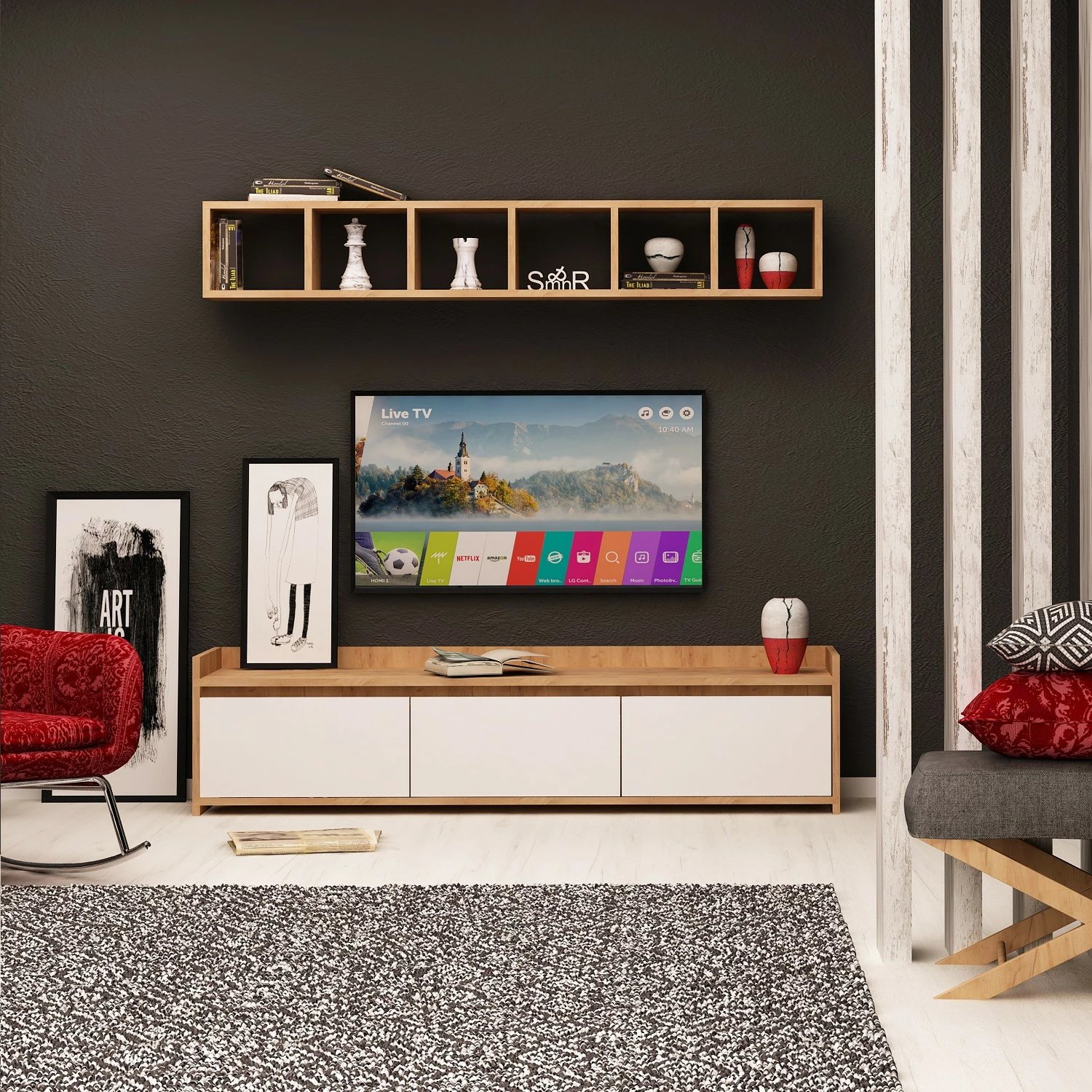 Komodë TV Hanah Home, ngjyrë liçi dhe e bardhë