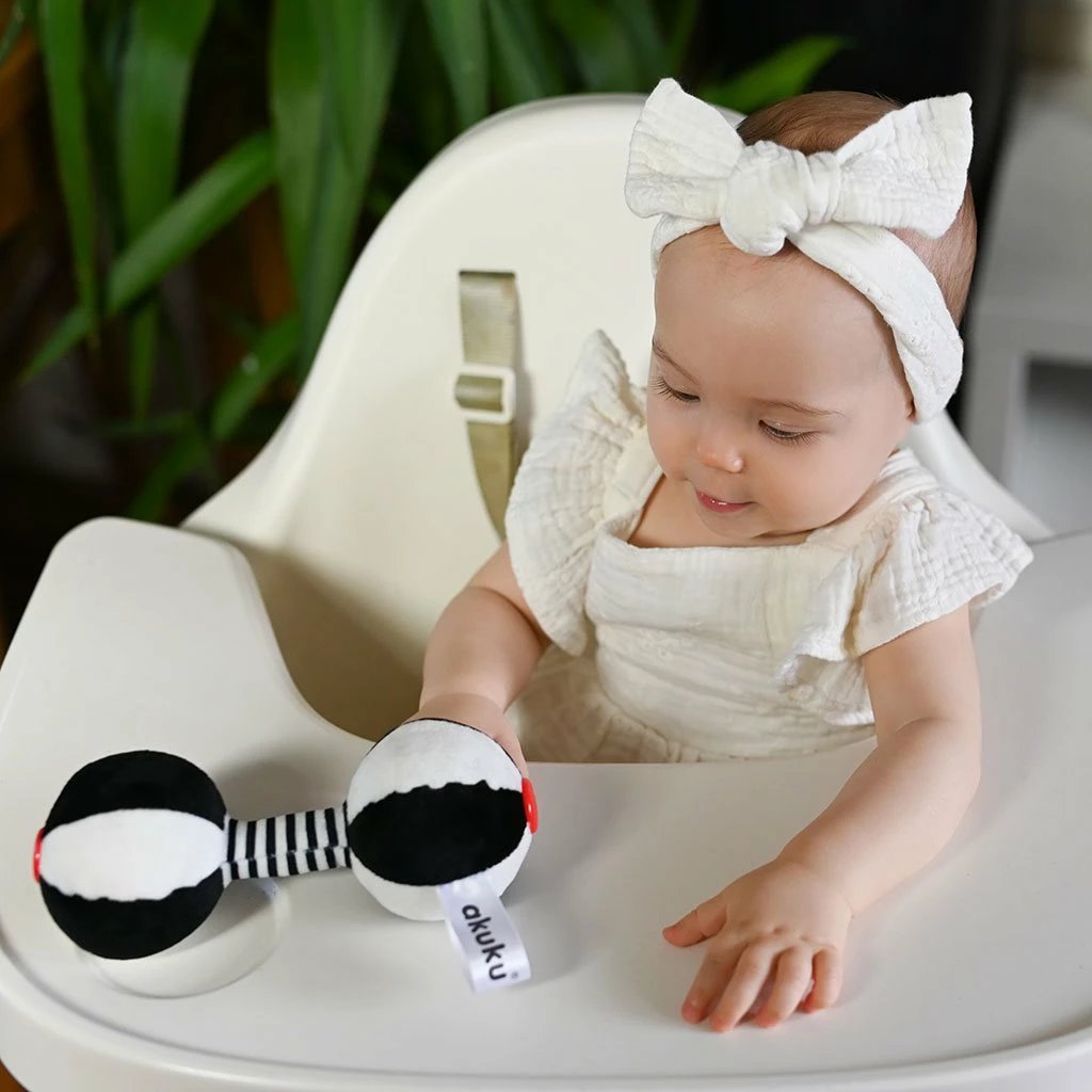 lodër sensorike kontrasti për foshnje Akuku Chinka, pelush me zile, 16 x 7 cm, shumëngjyrëshe