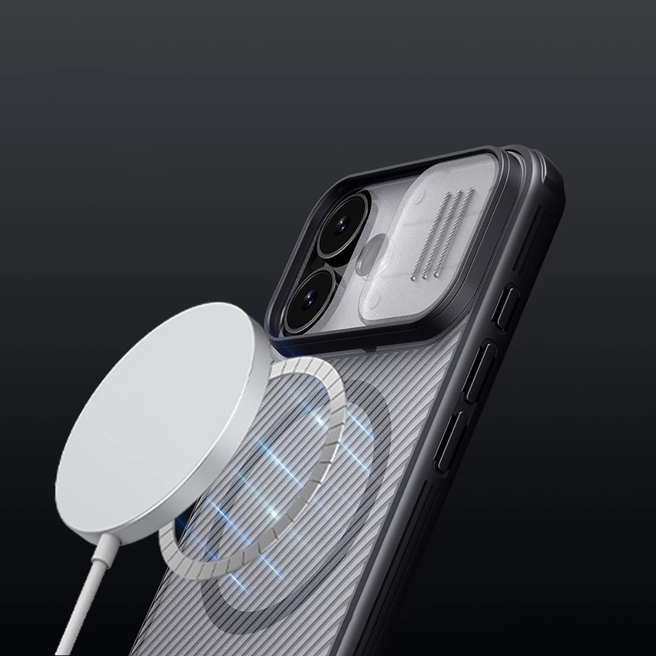 Mbështjellës Nillkin CamShield Pro për iPhone 17, MagSafe kompatibil, PC+TPU, transparent i zi