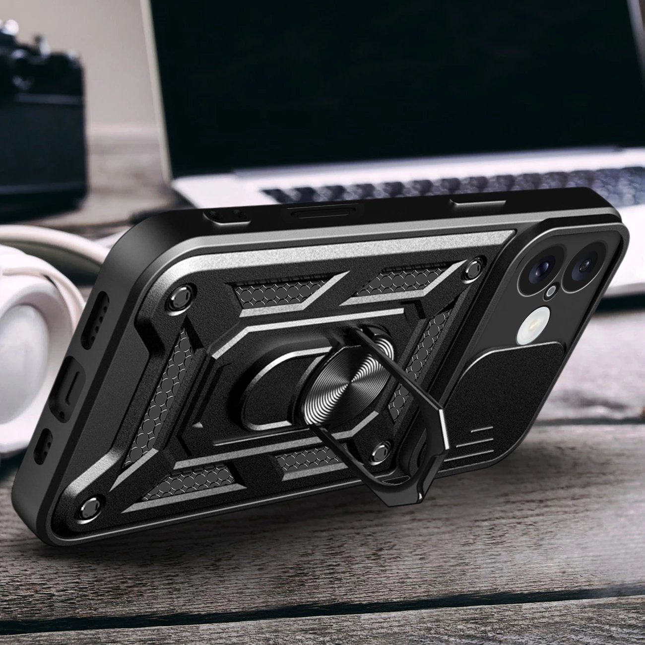 Mbështjellës Hurtel Hybrid Armor Camshield për iPhone 16, me mbulesë kamere dhe qëndrim, i zi