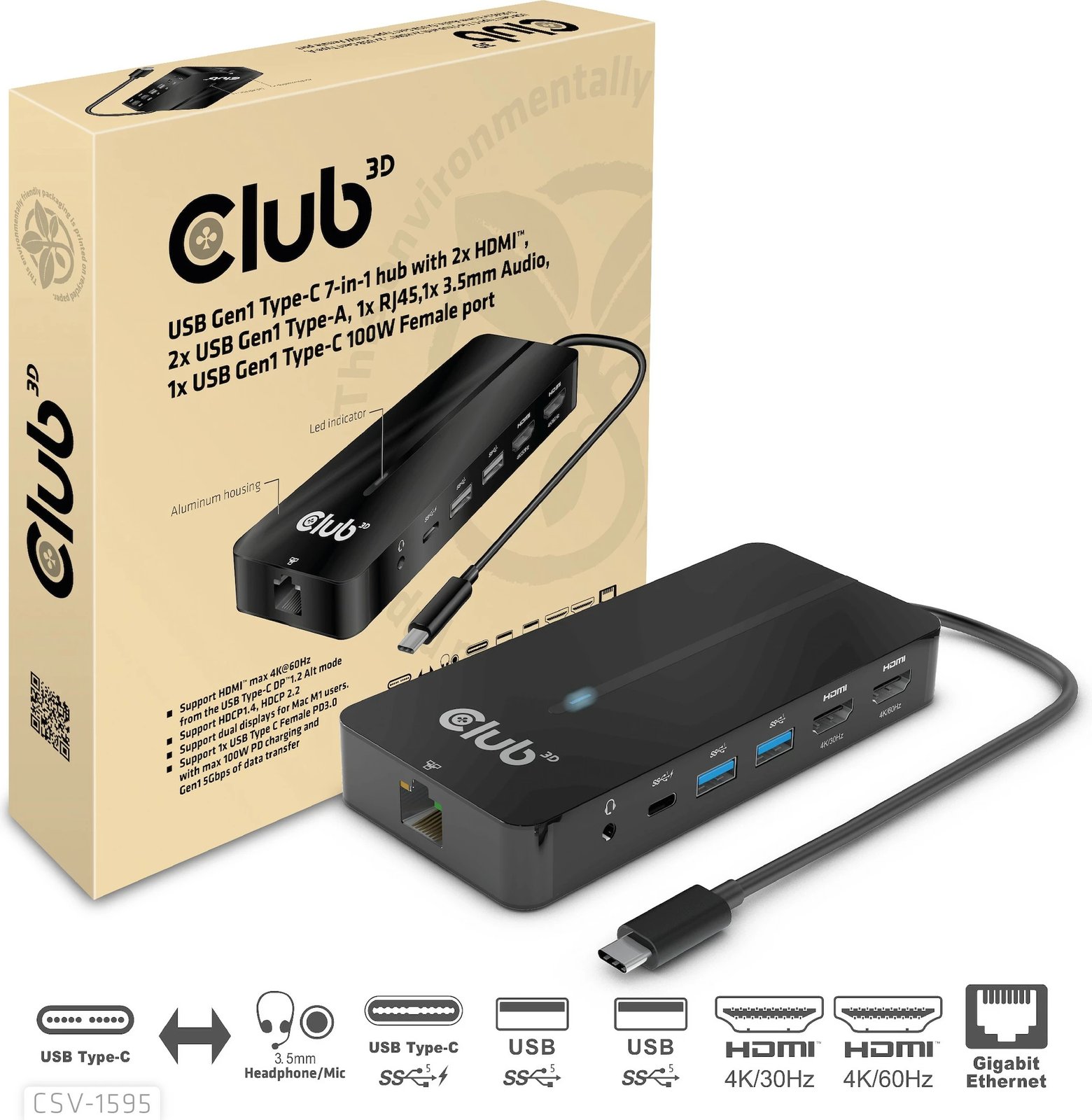 USB HUB Club3D 7in1, 2xHDMI, 2xUSB, USB-C, LAN, 4K60Hz, PD100W, zi