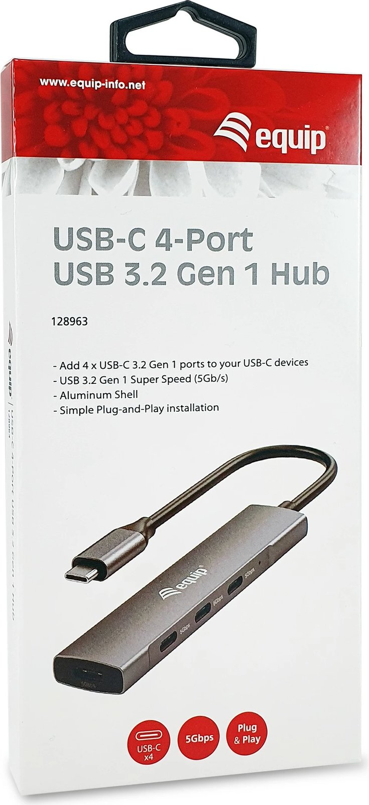 USB hub Equip 4 porte USB 3.2 Gen 1 Type-C, alumini, zi, argjendt, 0.15m