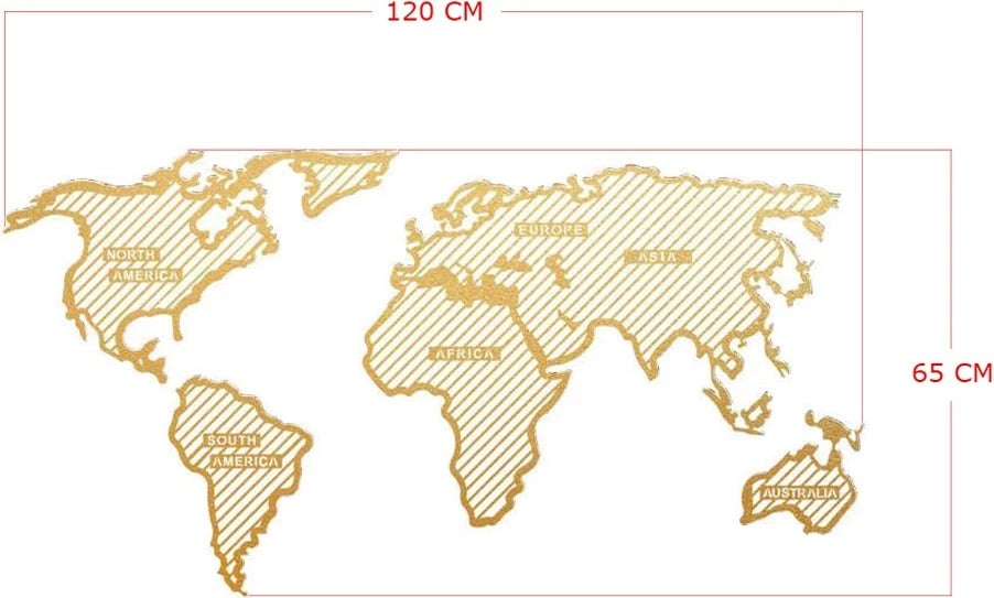 Aksesor dekorativ metalik për mur, hartë bote me vija, ngjyrë ari, 120x65cm