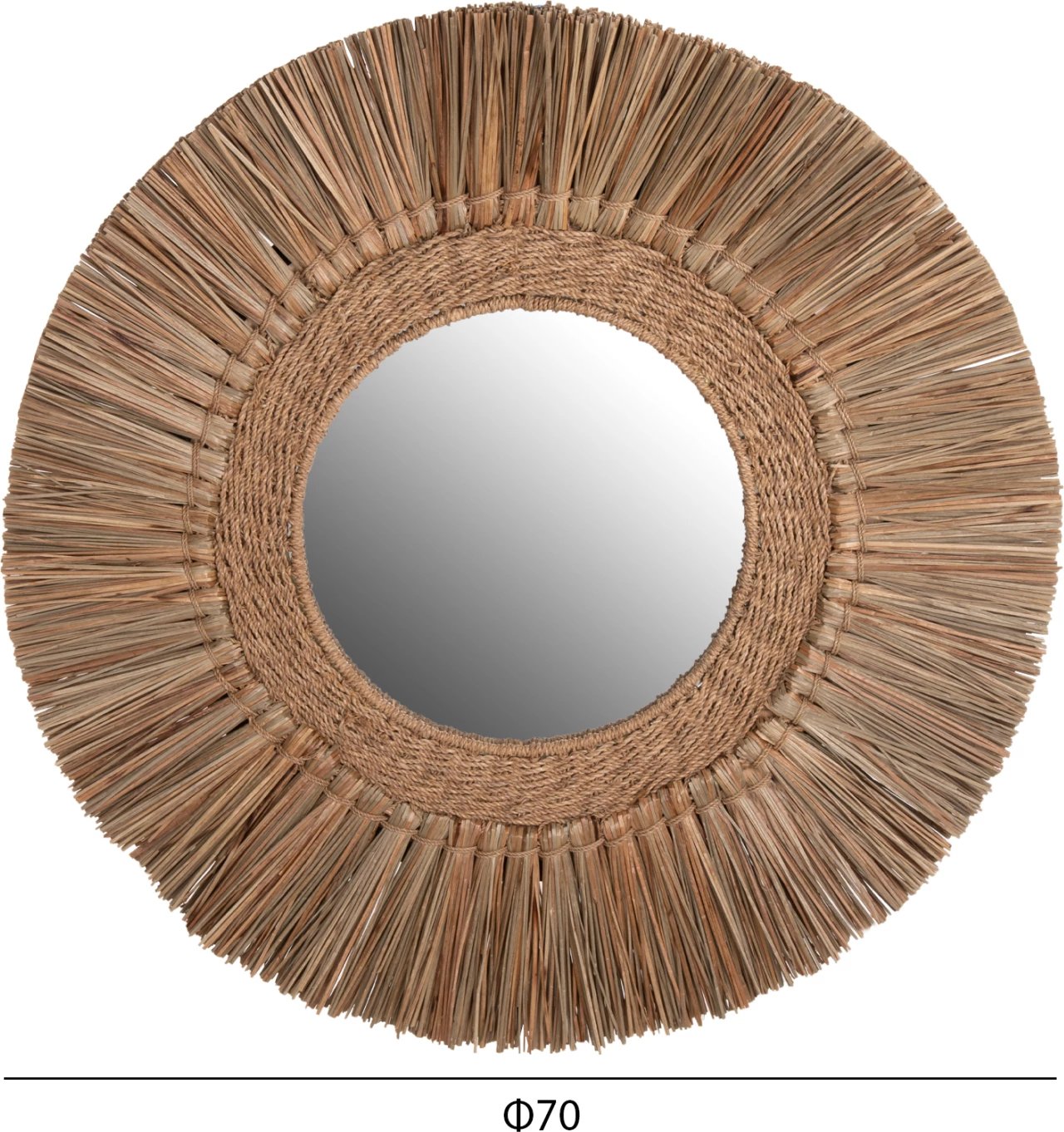 Pasqyrë muri rrethore, kornizë nga bari Mendong, ngjyrë natyrale, FH7831, 70cm