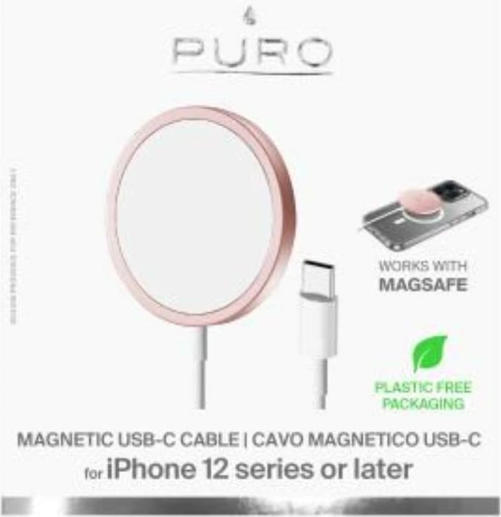 Karikues wireless magnetik Puro Magnetico, 15W, USB-C, 1m, rozë