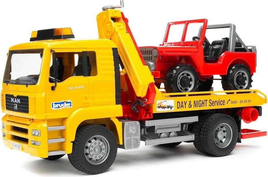 Kamion asistence rrugore BRUDER MAN TGA me Jeep, 1:16, plastikë, e verdhë/e kuqe, set lodrash
