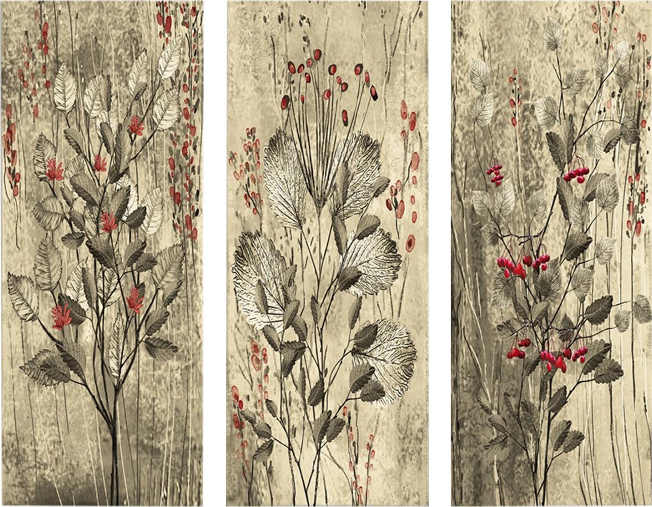 Set 3 pjesësh piktura dekorative, MDF, lule të kuqe dhe manaferra, FH7204.01, 60x50x0.3 cm