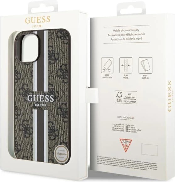 Mbështjellës Guess GUHMP14MP4RPSW për iPhone 14 Plus 6.7", 4G Printed Stripes MagSafe, Kafe