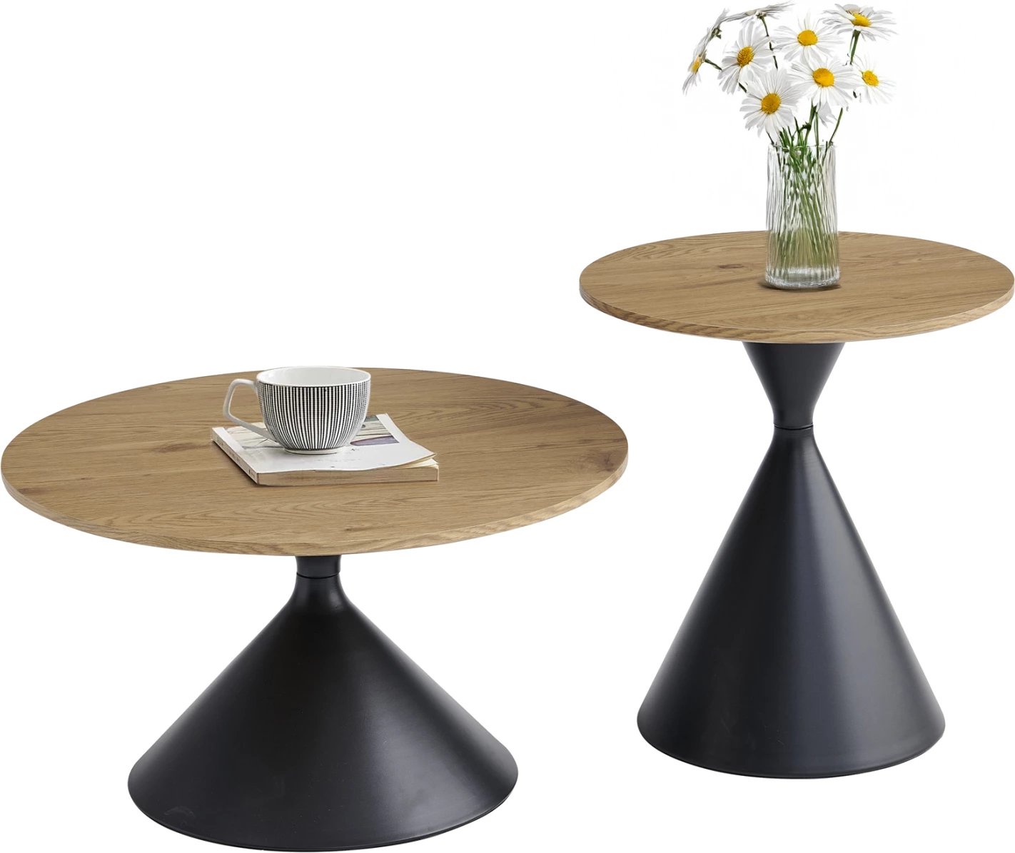 Set 2 tavolina kafeje Jennel, metal i zi, MDF ngjyrë druri natyral, FH18308.02, 50cm & 70cm