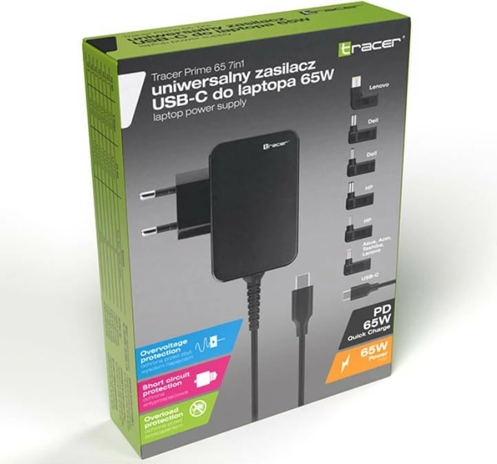 Furnizues energjie universal Tracer Prime 65W 7-in-1 me USB-C dhe 6 konektorë, i zi