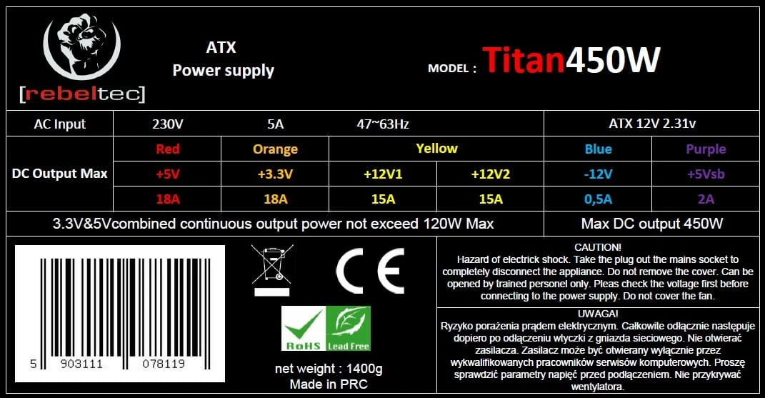 Kasë energjie Rebeltec TITAN 450, ATX 2.31, 450W, Black Edition