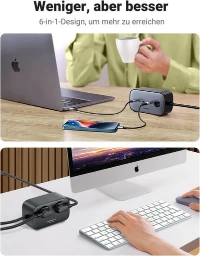 Prizë Ugreen DigiNest Pro, 1 dalje AC, 4 porta USB Type A/Type C, 1.8m, gri/zezë