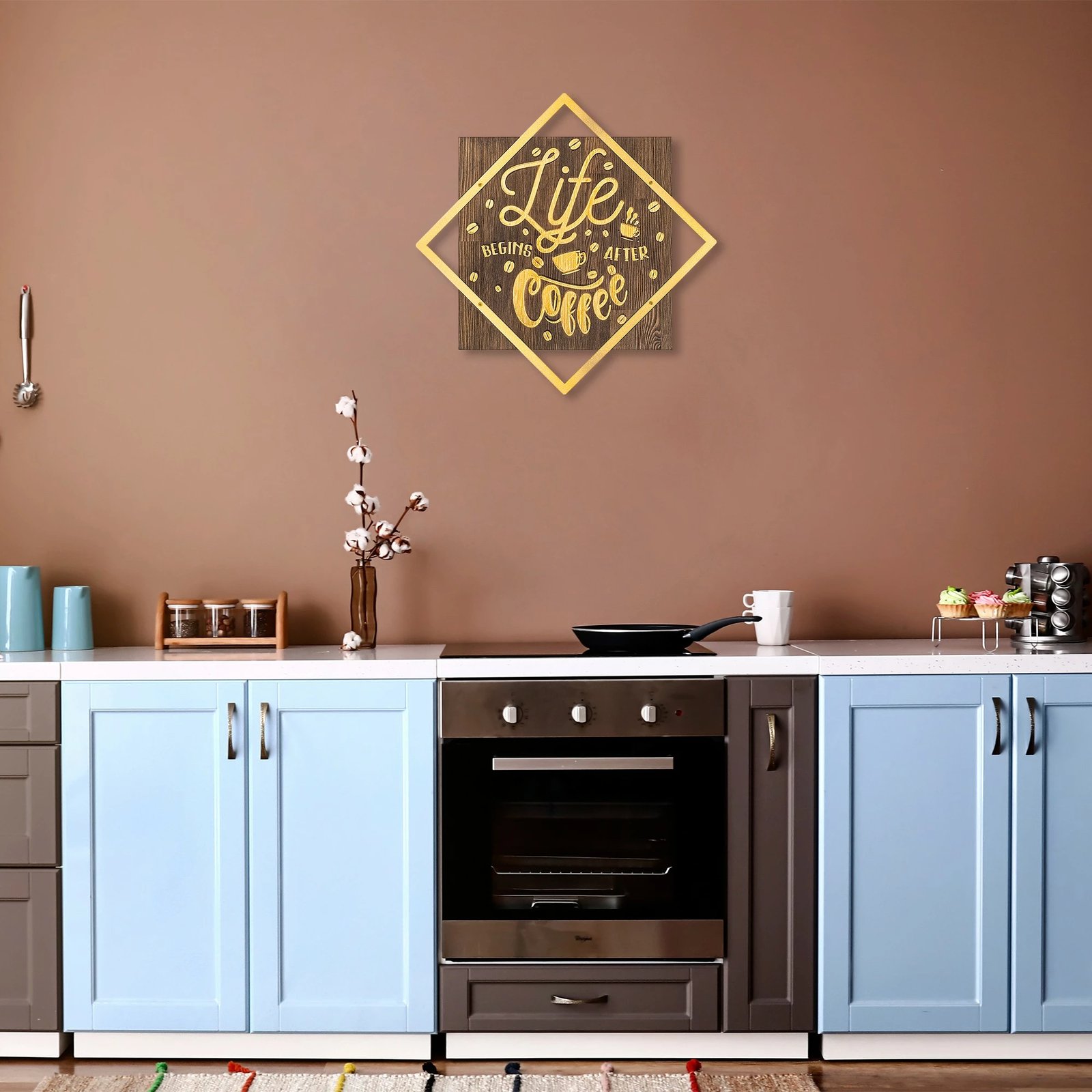 Aksesor dekorativ për mur, dru arre dhe ar, Wallity, Life Begins After Coffee