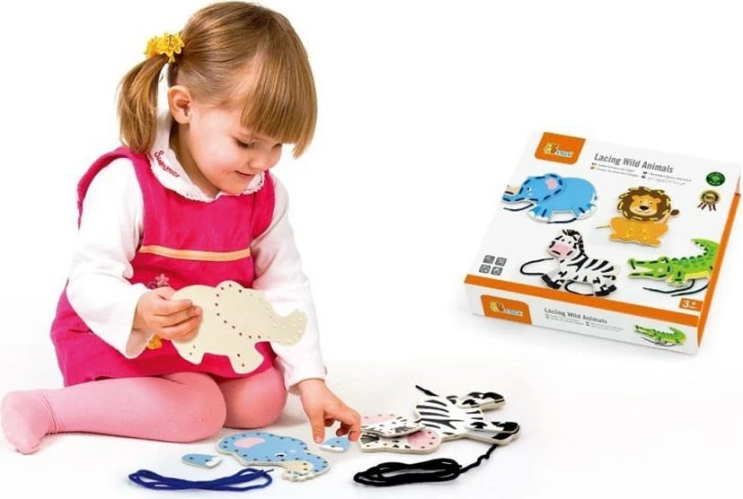 Lodër druri për lidhje me fill, Viga, set 4 kafshë zoo, shumëngjyrëshe