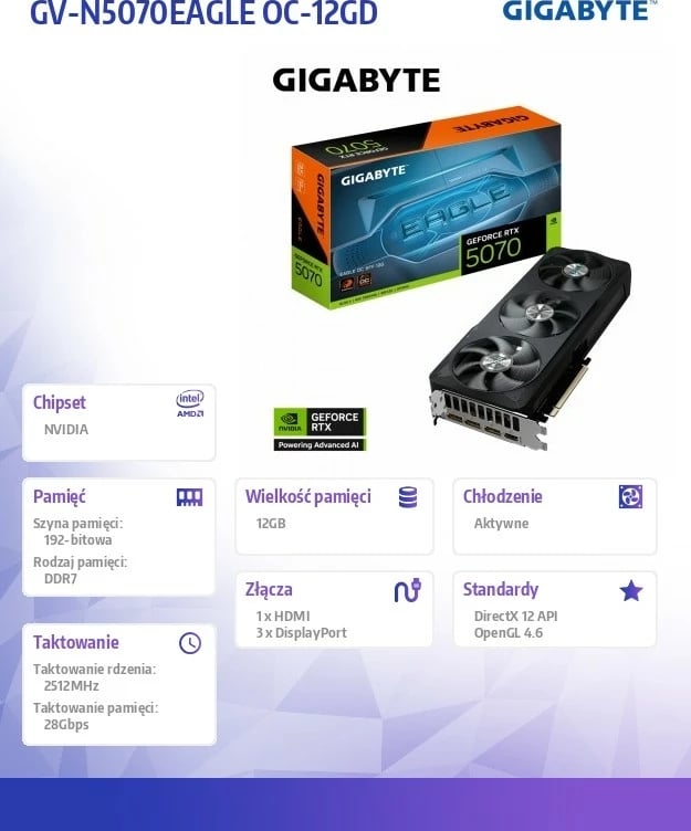 Kartelë grafike Gigabyte GeForce RTX 5070 EAGLE OC, 12GB, 192-bit, PCI-E 5.0, e zezë