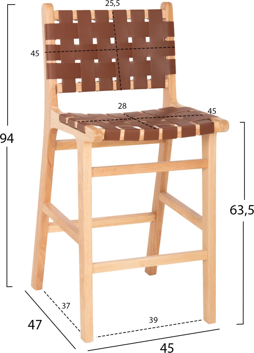 Karrige për bar FELIPE, lartësi mesatare, FH9329.01, dru TOON, ngjyrë natyrale, PU kafe, 45x47x94H cm