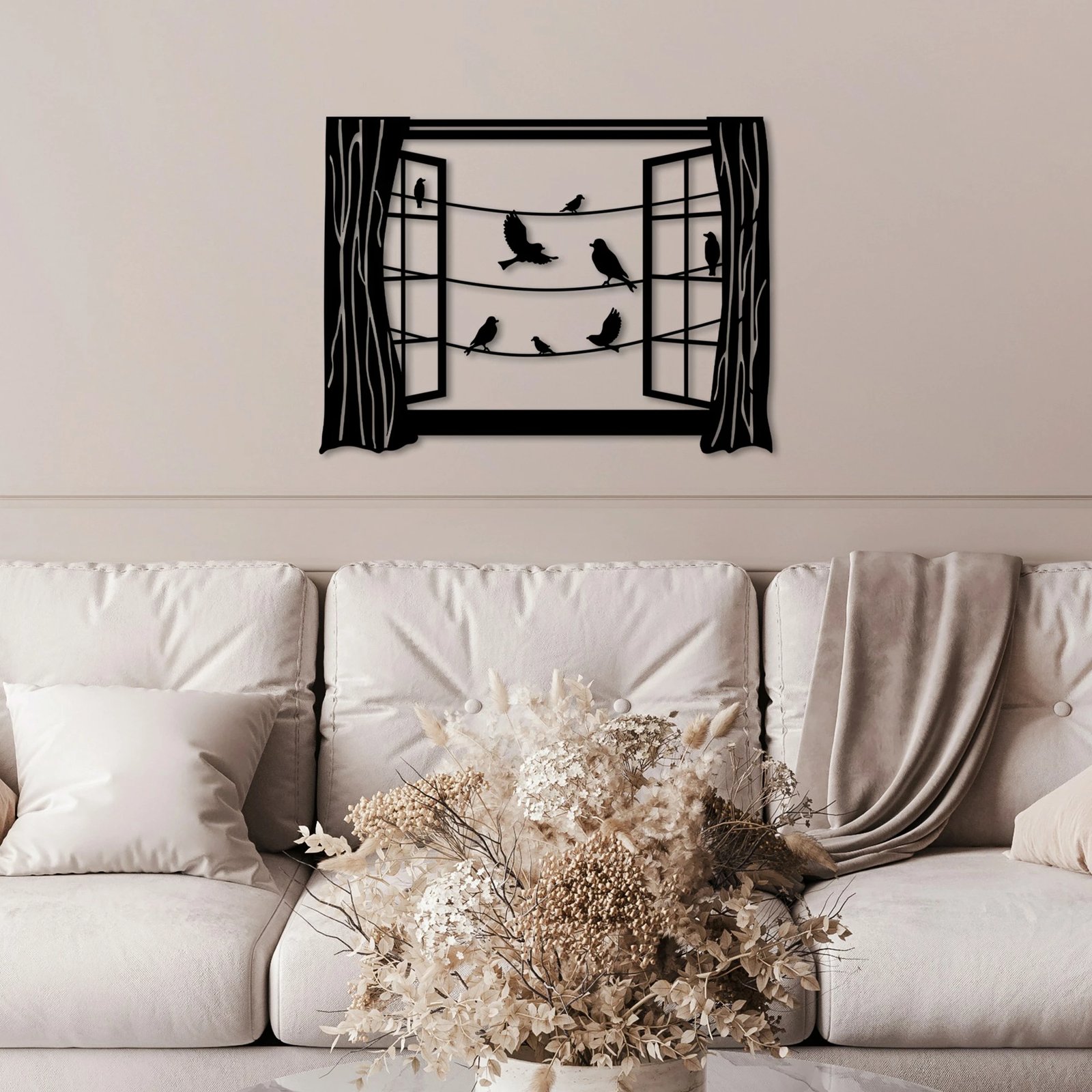 Aksesor metalik dekorativ për mur, zogj para dritares, Wallity, ngjyrë e zezë, 50x38cm