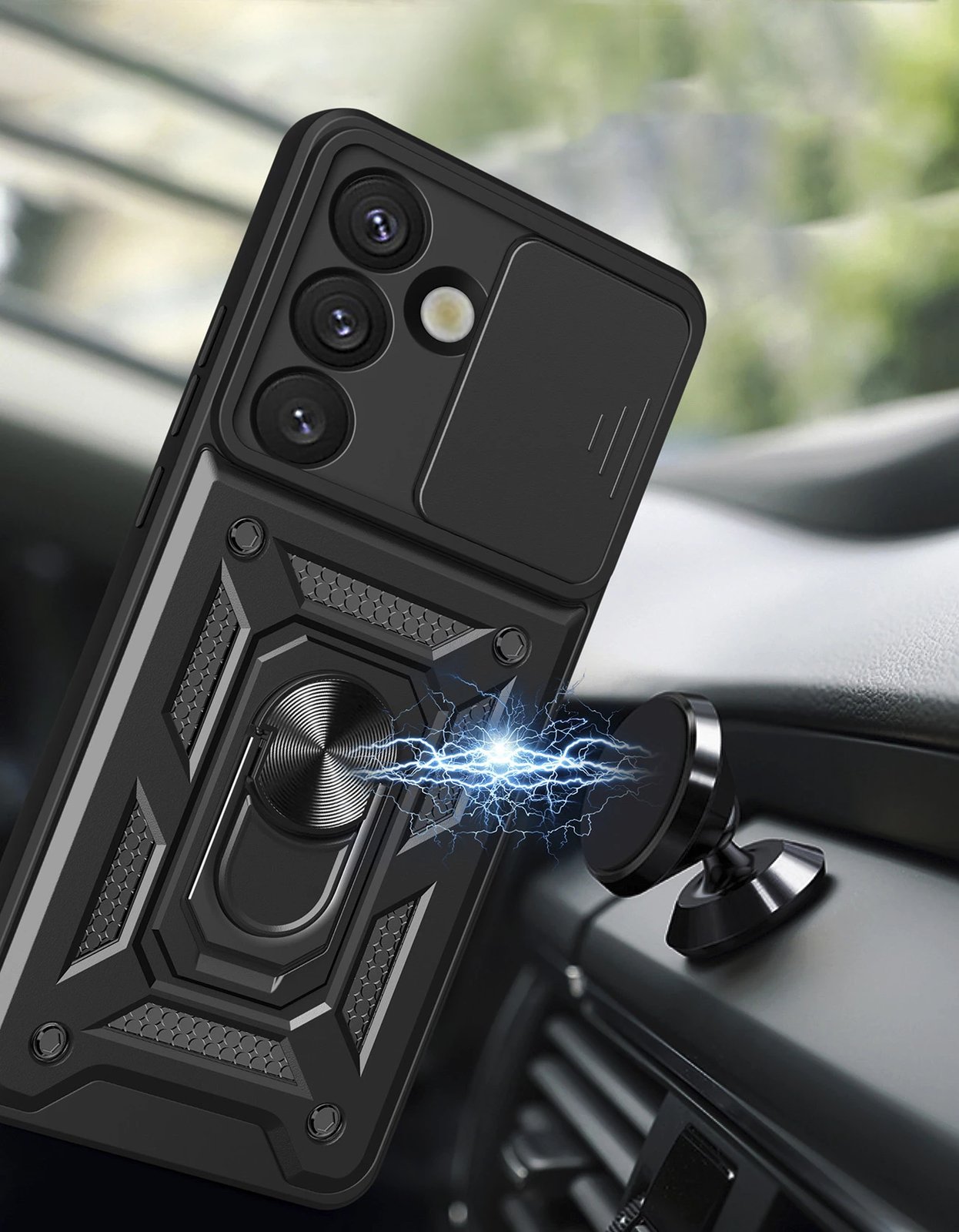 Mbështjellës Hurtel Hybrid Armor Camshield me kapak kamere dhe unazë metalike për Samsung Galaxy S25, Zi