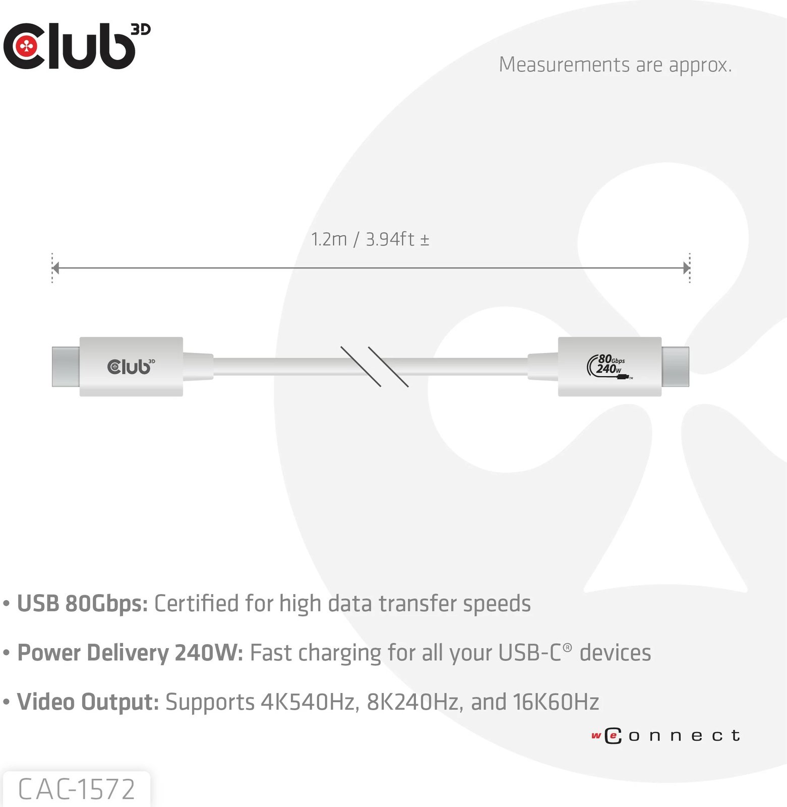 Kabllo USB Type-C Club3D 80Gbps, PD240W, 1.2m, e bardhë
