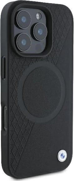 Mbështjellës BMW Signature Leather Half Textured & Circle MagSafe për iPhone 16 Pro, i zi