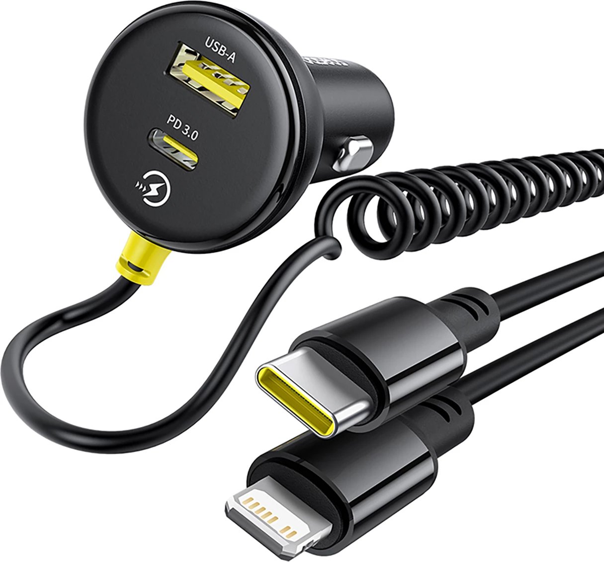 Karikues veture Baseus Circular, 60W, USB-A + USB-C, kabllo e integruar Lightning + USB-C 1.4m, e zezë