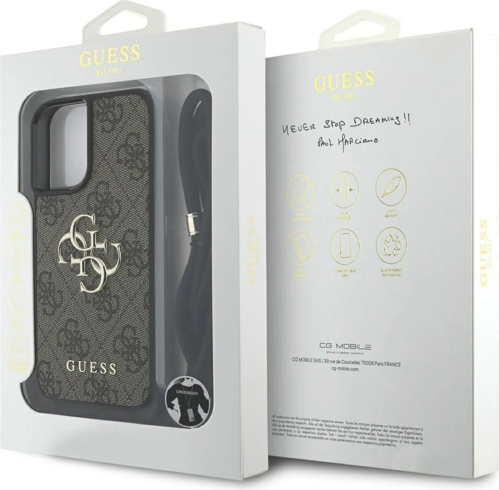 Mbështjellës Guess 4G Big Logo Cord Stap Crossbody për iPhone 16 Plus, Kafe