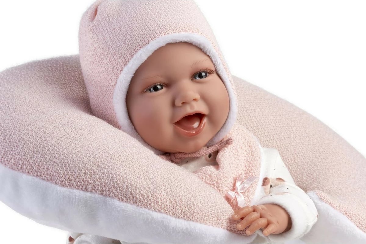 Kukull bebe Llorens Mimi 42 cm me jastëk kroasant, rozë