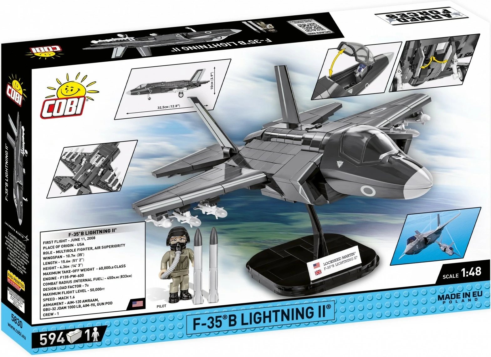 Set ndërtimi Cobi Klocki Armed Forces F-35B Lightning II, 594 copa, me figurë piloti, Gri