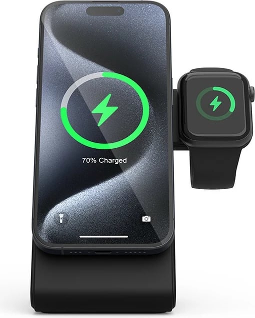 Karikues wireless 3-në-1 CRONG MagSpot me MagSafe, për iPhone, Apple Watch dhe AirPods, 20W, i zi