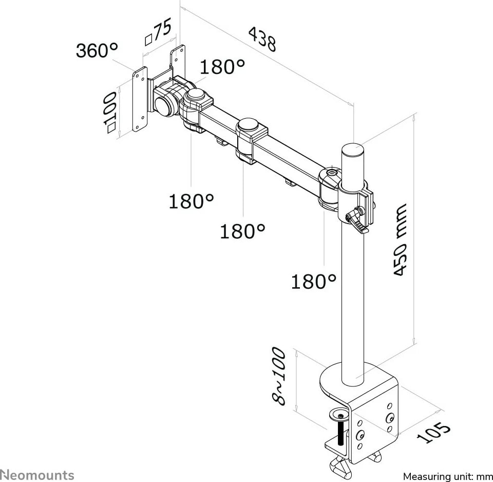 Krah monitori Neomounts FPMA-D960, Clamp, 10-30 inç, 10 kg, e zezë
