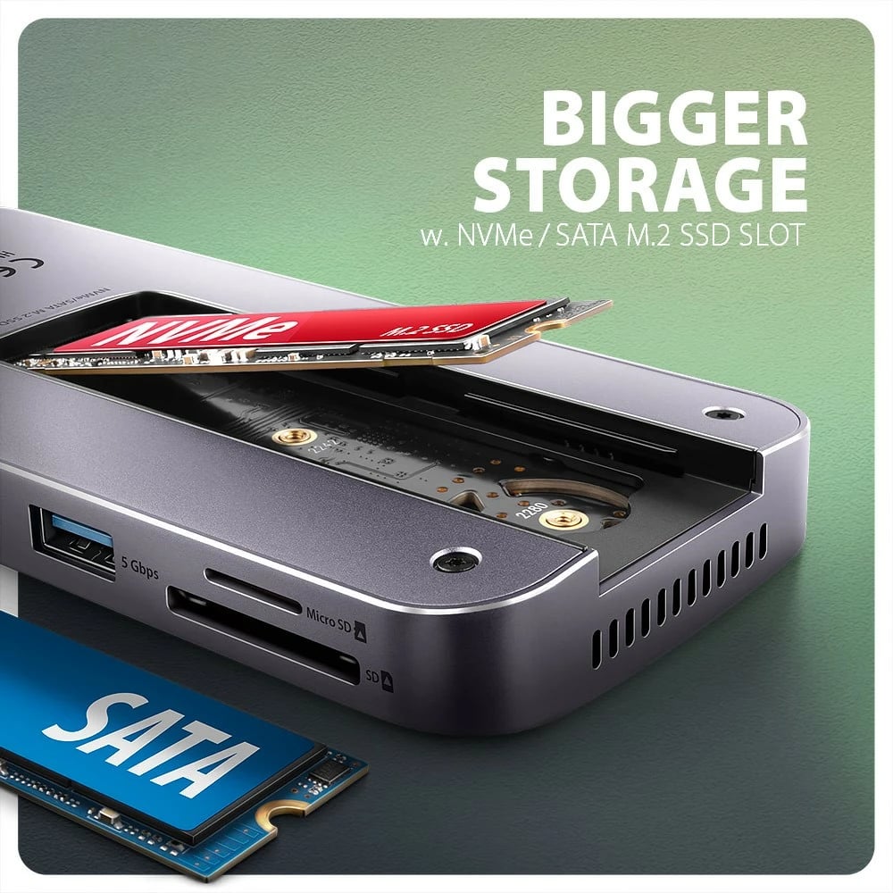 Kasë multiport AXAGON HMC-12GM2 12in1 me slot M.2 NVMe/SATA, 10Gbps, 3x USB-A, USB-C, HDMI 4K/60Hz, DP 4K/60Hz, GLAN, SD/microSD, audio, PD 100W, 50cm, Gri