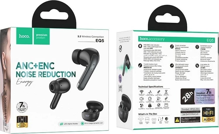 Kufje wireless HOCO EQ5, in-ear, Bluetooth 5.3, me kuti karikimi, e zezë