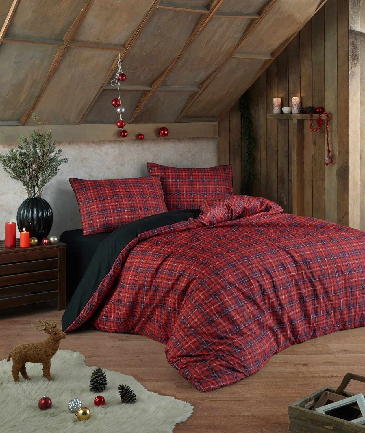 Set mbulesë për jorgan King, L'Essentiel Linge de Maison, Iskoç, e kuqe