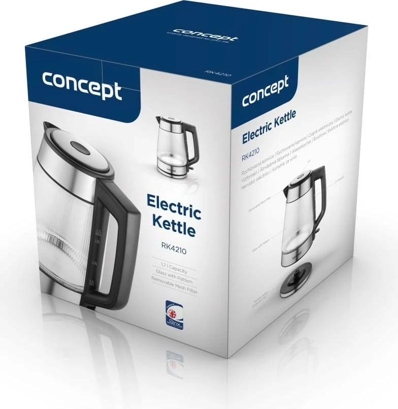 Çajnik elektrik Concept RK4210 1.7 L 2200 W xhami me ndriçim LED bazë rrotulluese STRIX inox dhe transparent