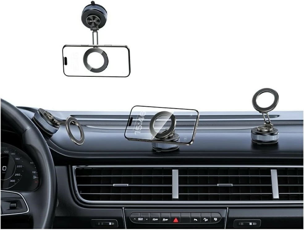 Mbajtës magnetik për makinë, USAMS ZJ084, montim në grilë ajrimi, rrotullim 360°, për celularë 4–7", me 2 pllaka metalike, zi