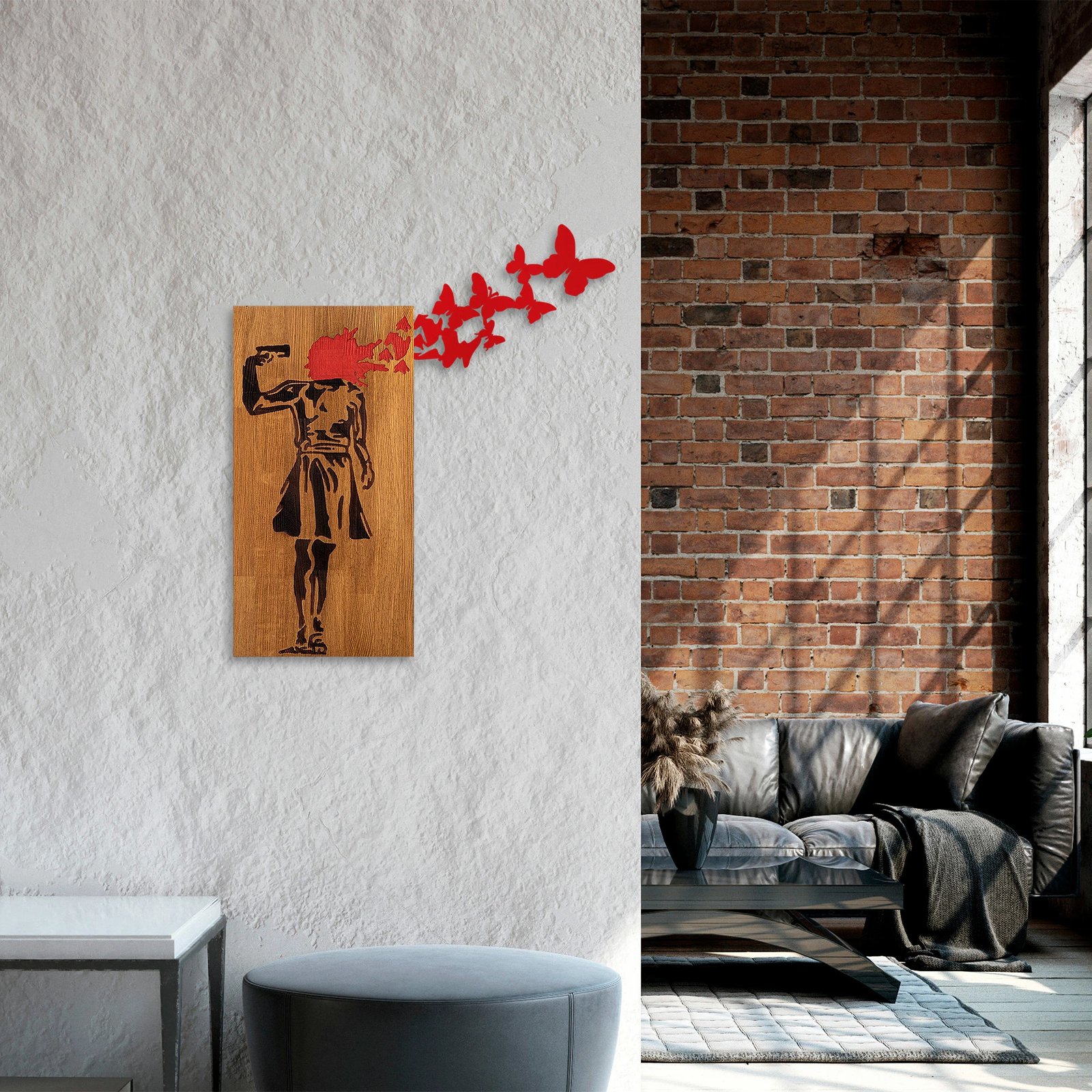 Aksesor dekorativ prej druri për mur, Wallity Banksy - 16, ngjyrë arre dhe e zezë, 99x34cm