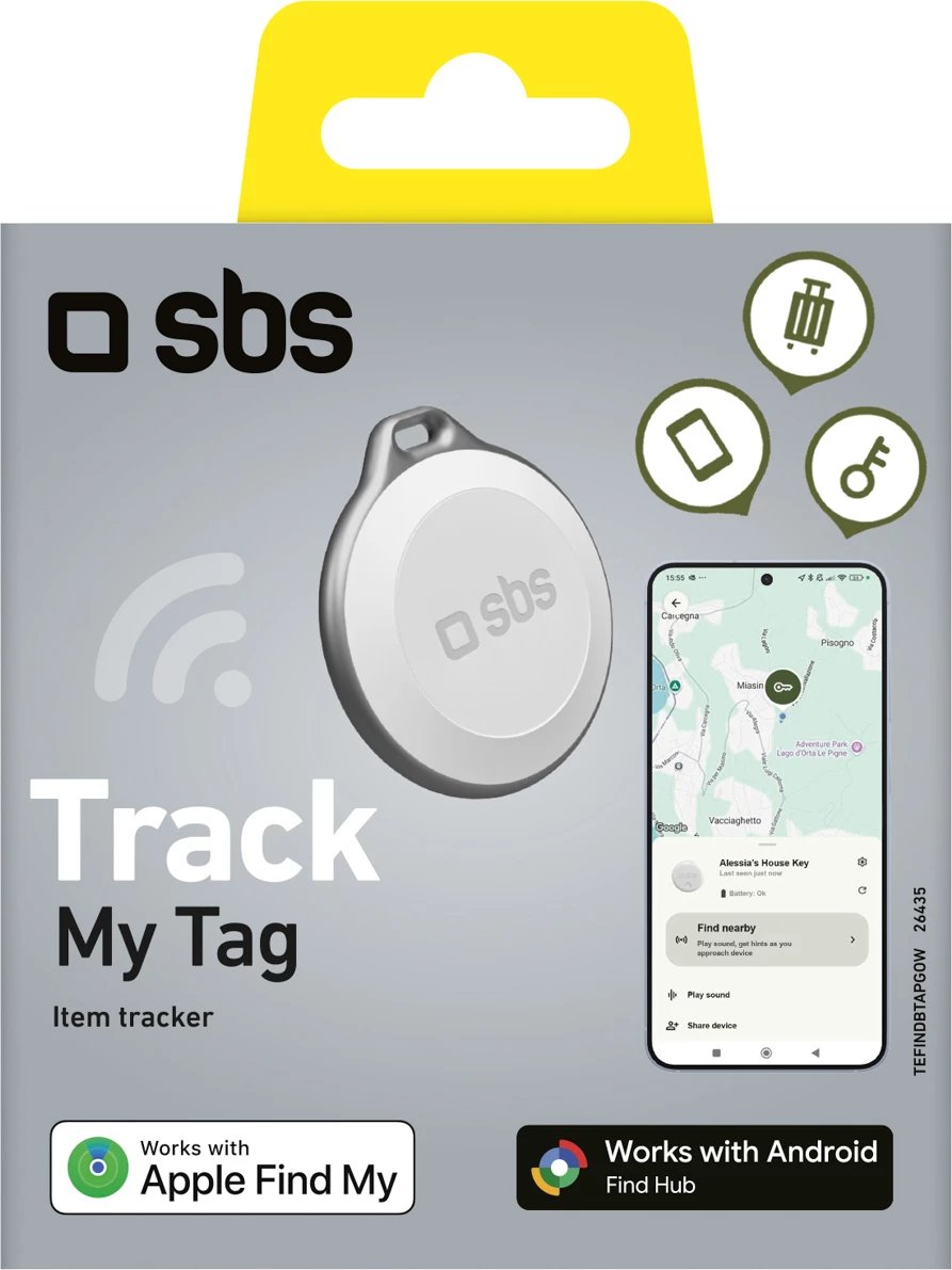 Tracker universal, SBS Track My Tag, Bluetooth, rreze deri 50 m, alarm 90–100 dB, IP65, bateri CR5032, e bardhë, 1 copë