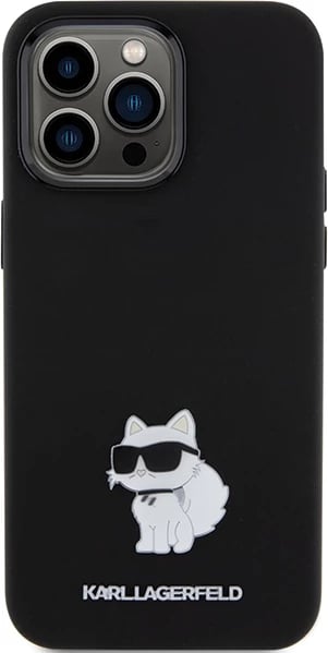 Mbështjellës Karl Lagerfeld Silicone Choupette Metal Pin për iPhone 15 Pro Max, i zi