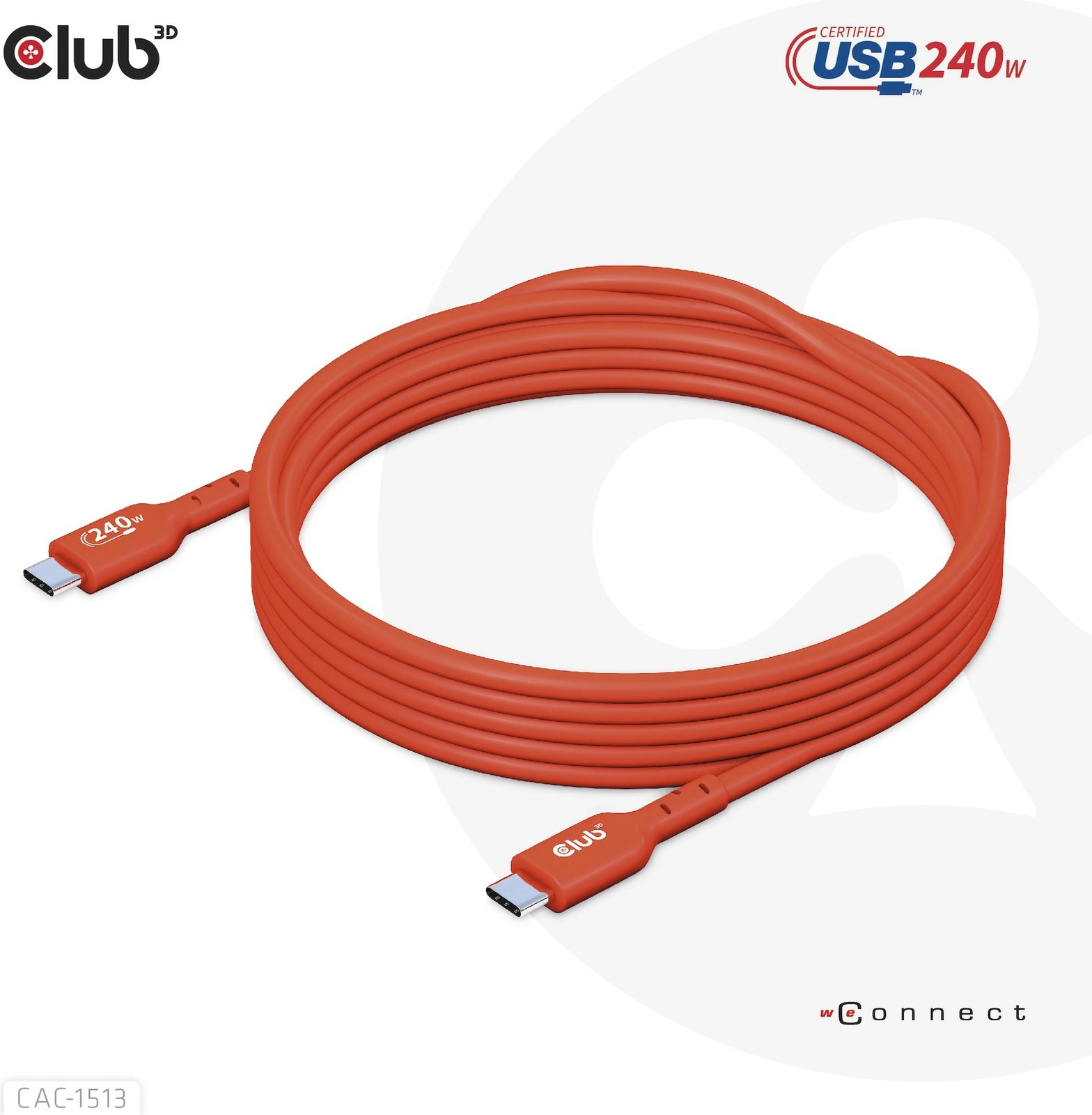 Kabllo USB-C Club3D CAC-1513, 3m, 240W, 480Mb/s, kuqe Kabllo USB-C Club3D CAC-1513, 3m, 240W, 480Mb/s, kuqe
