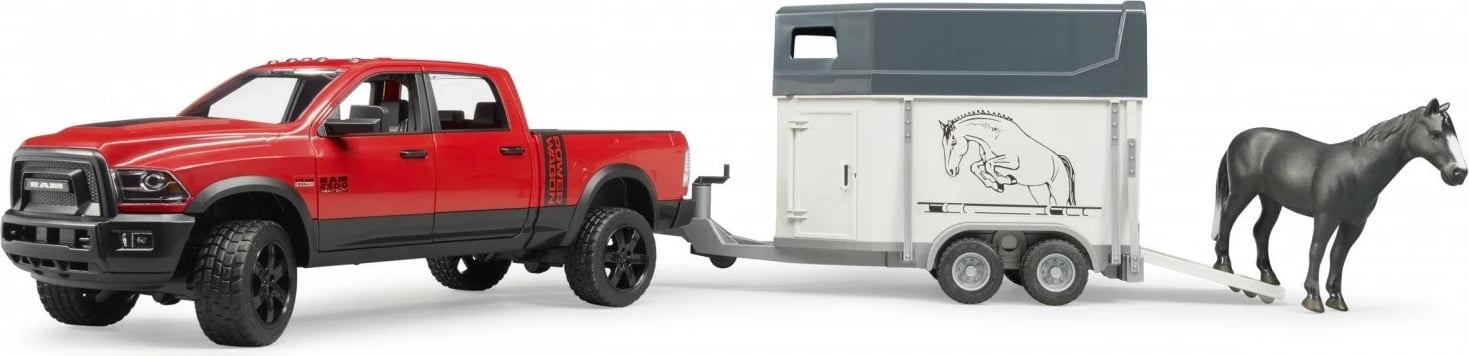 Set lodrash Bruder RAM 2500 Power Wagon me rimorkio për kuaj, 1:16, Kuqe