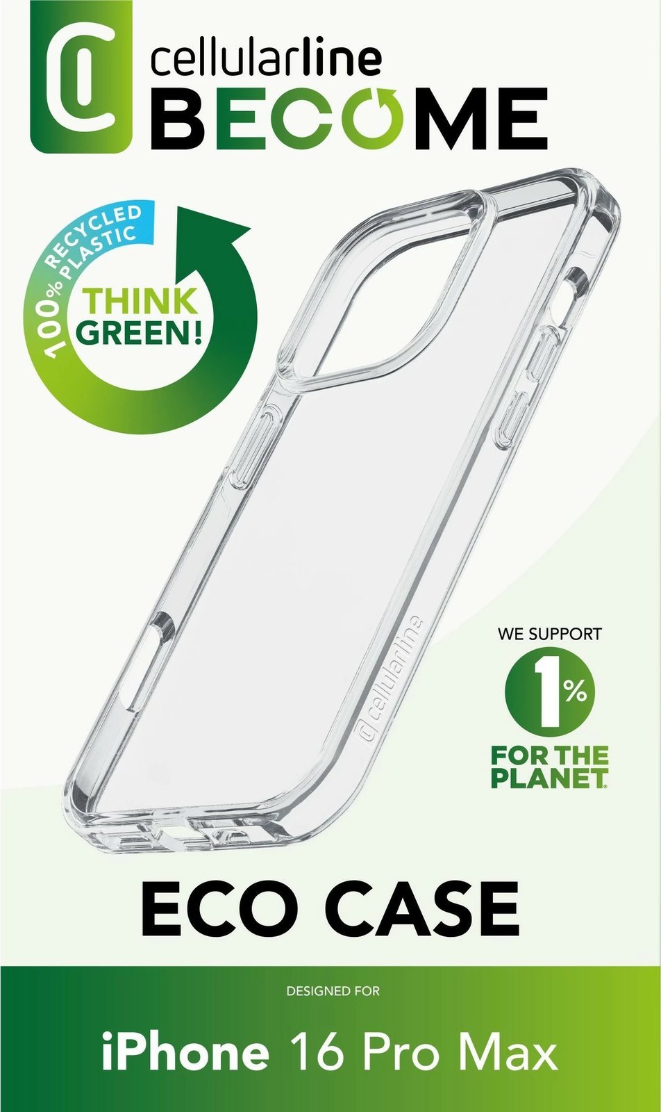 Mbështjellës Cellular Line Become Eco Case për iPhone 16 Pro Max, plastikë e ricikluar, transparent