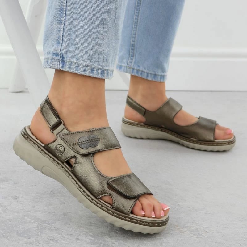 Sandale lëkure femra Rieker 60462-90, kafe metalike