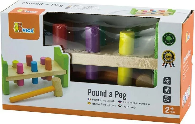 Lodër çekiçuese druri, Viga, set me 6 kunja dhe bazë 23x12x8 cm, shumëngjyrëshe