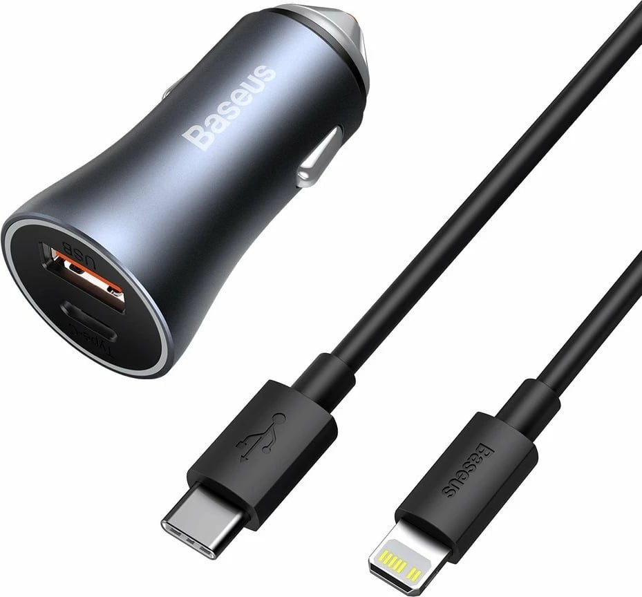 Karikues veture Baseus Golden Contactor Pro, 40W, 2 porta USB/USB-C, me kabllo USB-C në Lightning, Gri
