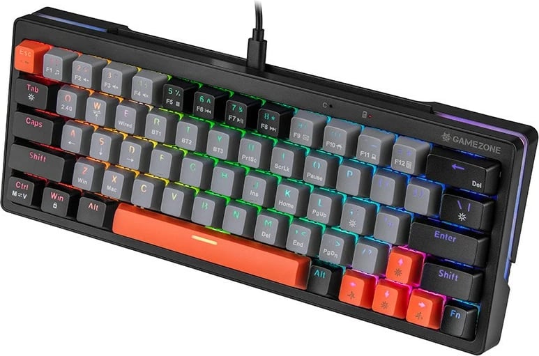 Tastierë mekanike Tracer GAMEZONE EVO1 HOT SWAP 63, 63 taste, hot‑swap, RGB, tri‑mode Bluetooth/2.4G/USB‑C, US QWERTY, gri