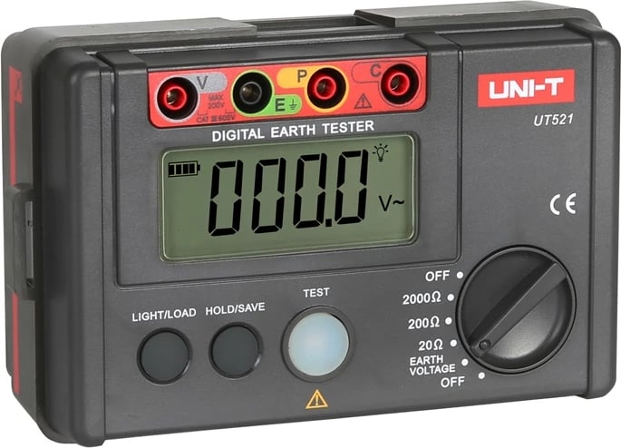 Testues tokëzimi, UNI-T UT521, matje 2/3 tela, gamë 0–4000 Ω, matje tensioni toke AC 0–400 V, memorie 20 sete, ekran me ndriçim, e kuqe/gri