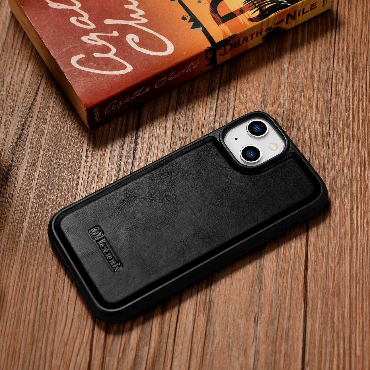 Mbështjellës iCarer për iPhone 14 Plus, lëkurë natyrale, e zezë