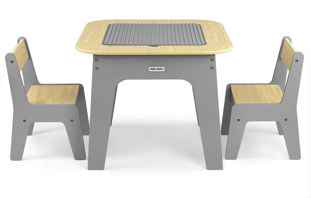 Set tavolinë dhe karrige fëmijësh, MILLY MALLY, Olaf Blocks, sipërfaqe e kthyeshme me tabelë shkumësi dhe hapësirë magazinimi, set 3-copësh, gri e errët
