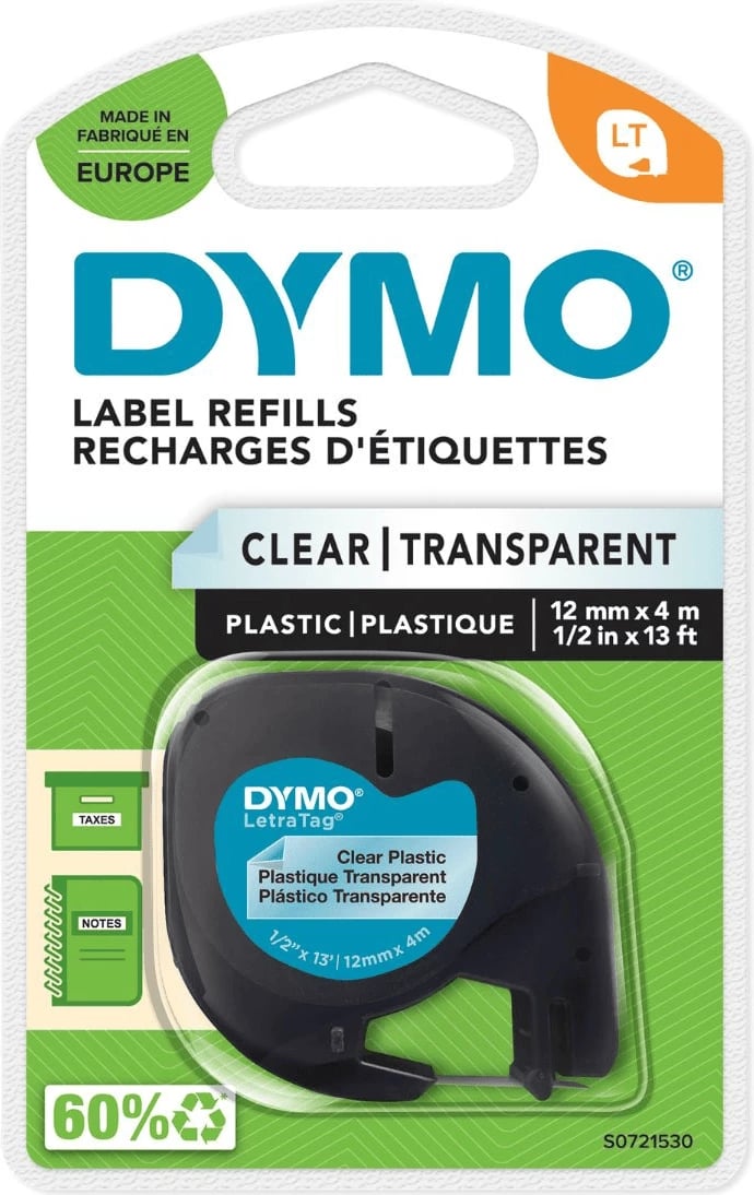 Kasetë etiketa Dymo S0721530 LetraTag 12mm x 4m plastik transparente